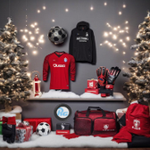 équipements foot pour gardien de but comme cadeaux de noël entourés de sapins